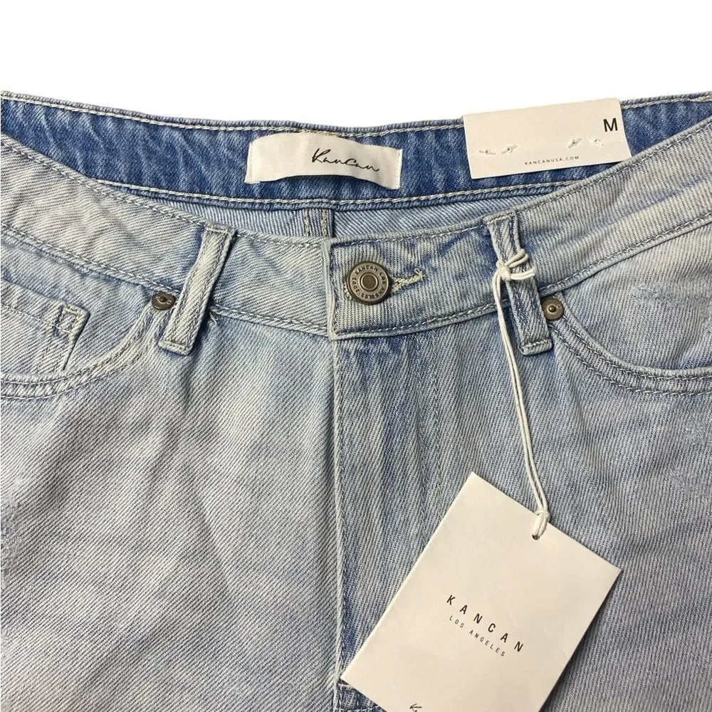 KanCan Wm’s Sz Med Blue Light Wash Distressed High Rise Rolled Cuff Denim Shorts